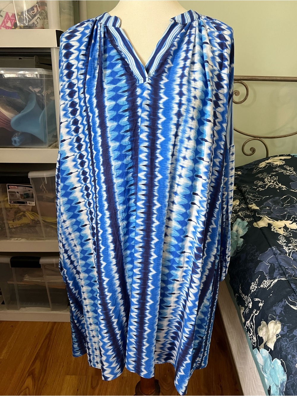 Valerie Khalfon Paris Blue/White Seyton Peasant Boho Summer Dress SZ 40/US M/L